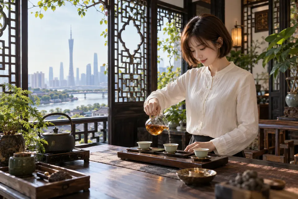 岭南花窗旁的白瓷公道杯与冲泡茶席，窗外光线落在桌面