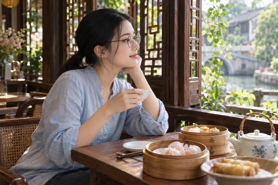 白瓷茶具与岭南早茶点心摆放在桌面